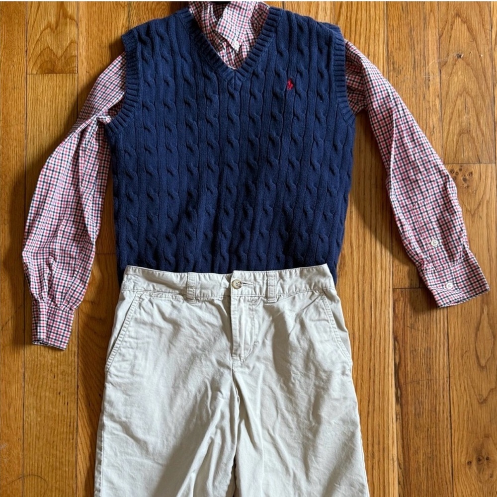 Ralph Lauren Red Checkered Shirt with Navy Vest and shorts ⭐️